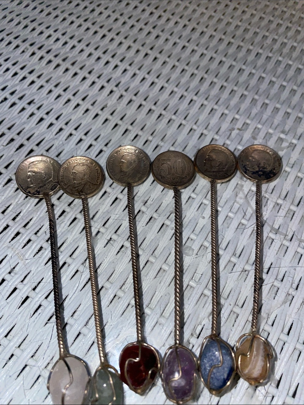 Vintage Decorative Gemstone-Top Cocktail Spoons - Set of 7 Coinheaded